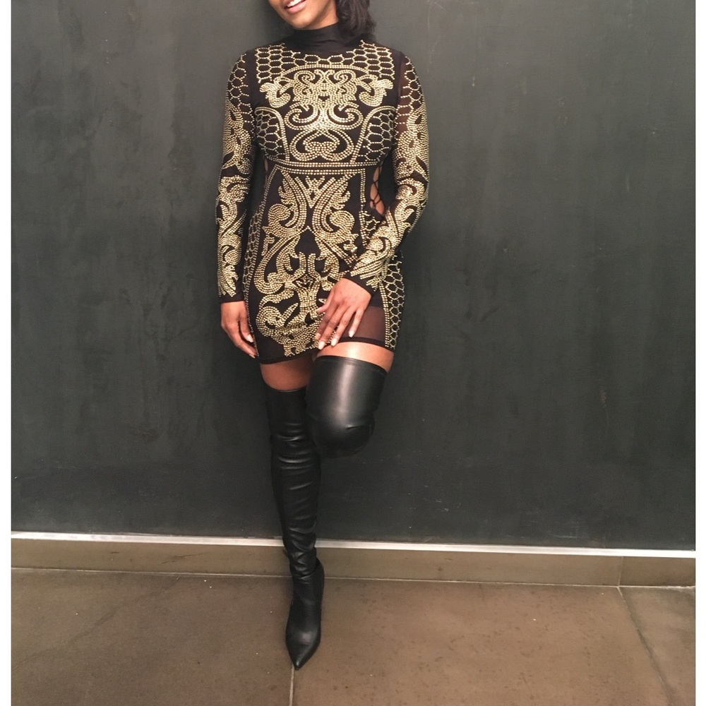 Fashion Nova Elegant Black and Gold Embellished Dress